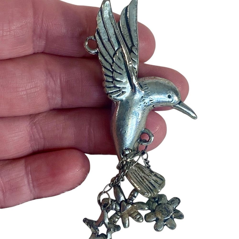 Silver Hummingbird Charm Backpack Accessory Rear View Mirror Heavy Charm - Picture 1 of 5